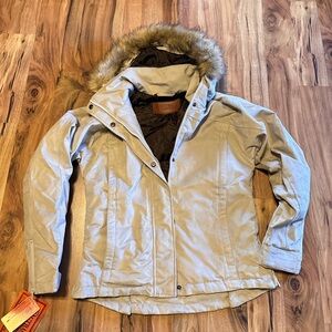 NWT Outback Trading Women's Gold Cup Tan Hooded Jacket with Faux Fur Trim Size S